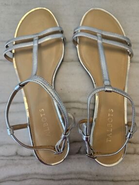 Talbots Metallic Silver T-Strap Sandals Flat